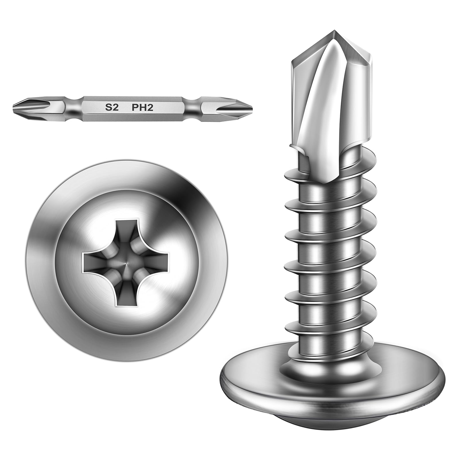 Mywish 300pcs #8×3/4" Self Tapping Screws for Metal, Sheet Metal Screws 410 Stainless Steel Truss Head Self Drilling Screws High-Strength Quick