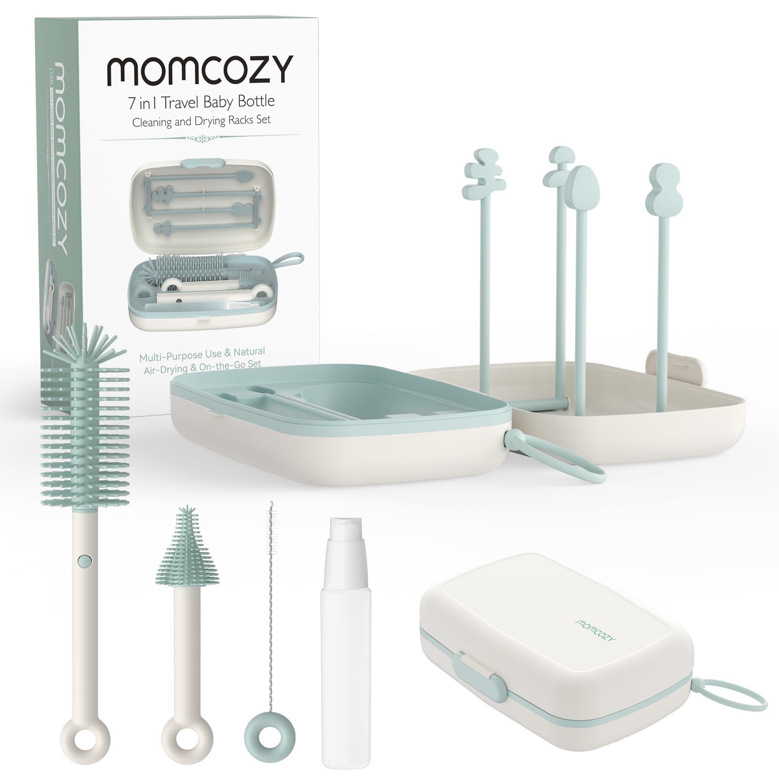 Momcozy Set 7-in-1 per biberon – kit pulizia completo con spazzola in silicone, punta per tettarelle, pulisci-cannucce, dispenser di sapone e scolapiatti