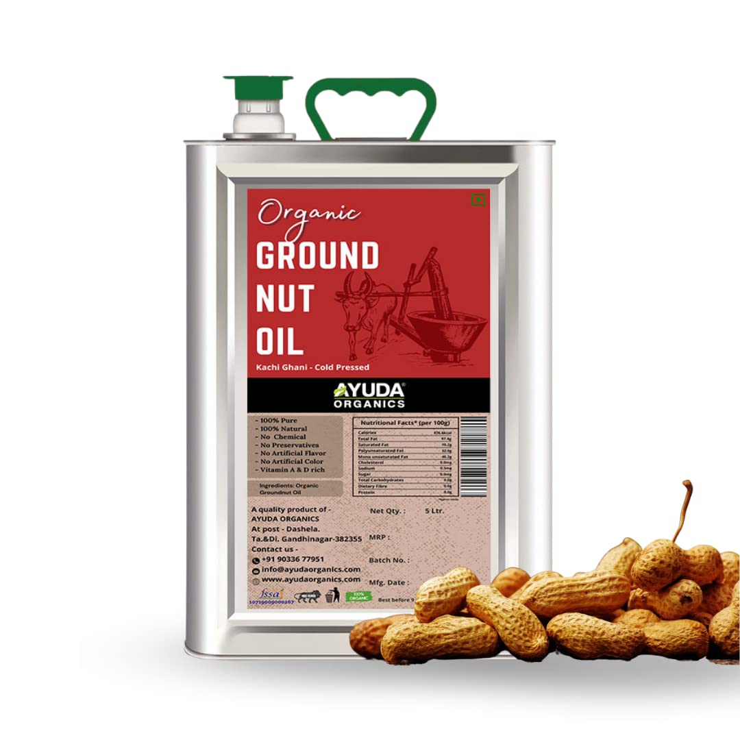 Ayuda Organics Groundnut Oil I Pure, Natural & Organic Peanut Oil I Kachi Ghani Cold Pressed I Virgin, Double Filtered I Moongphali Tel I No GMO I for Healthy Cooking, Skin Glow & Hair Growth (5 Ltr)