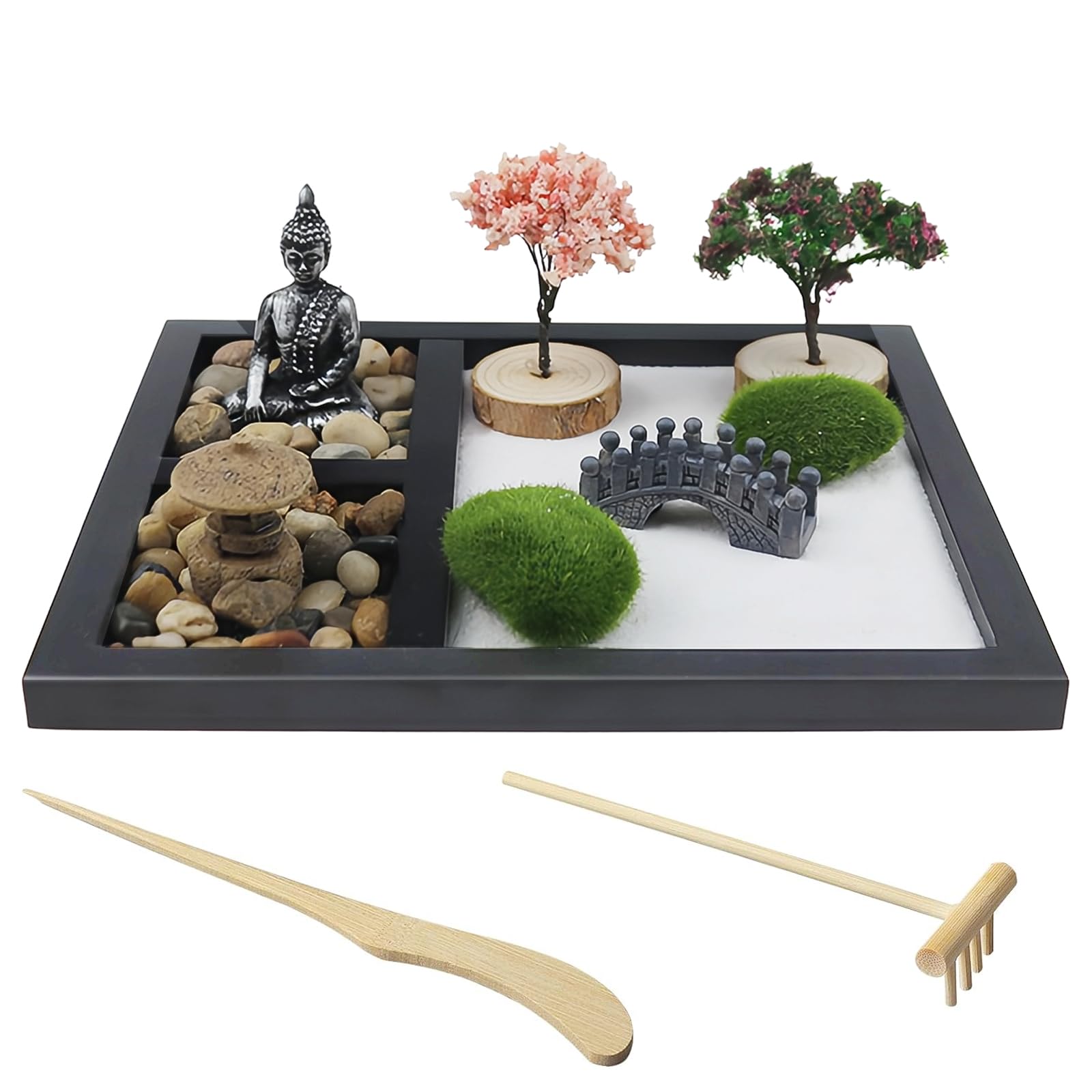 Nizirioo Juego de mini jardín zen zen de arena para meditación, decoración de meditación, arena zen japonesa, miniatura, juego de regalo, miniroca, arena, jardín, base de madera para relajación,