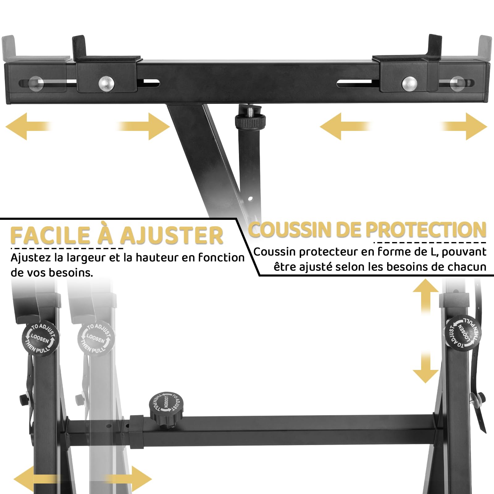 Support de Clavier Piano Réglable en Hauteur 55 à 87 CM, Support de Piano en Z avec 4 Roulettes Pivotantes, Convient aux Pianos de 54 à 88 Touches, Capacité de Charge 160 KG (Noir)