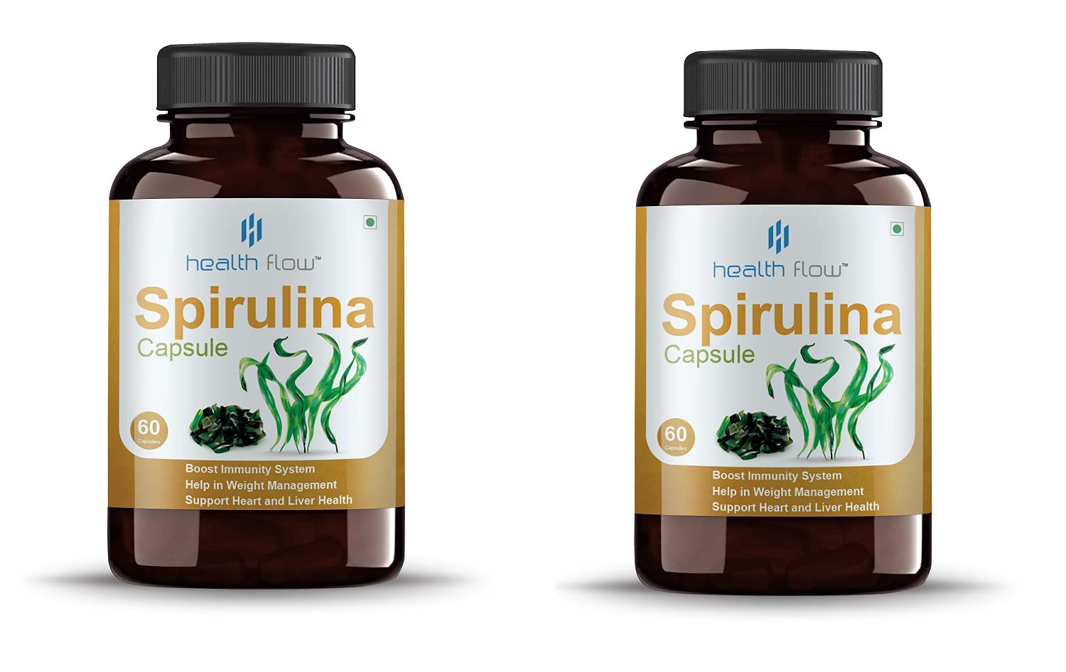 Health Flow Spirulina Extract 500mg | Most Bio-Available Protein & Nutri-Dense Superfood | Immunity and Health Supplement | Metabolism Booster | 60 HPMC Veg Capsules Pack of 2