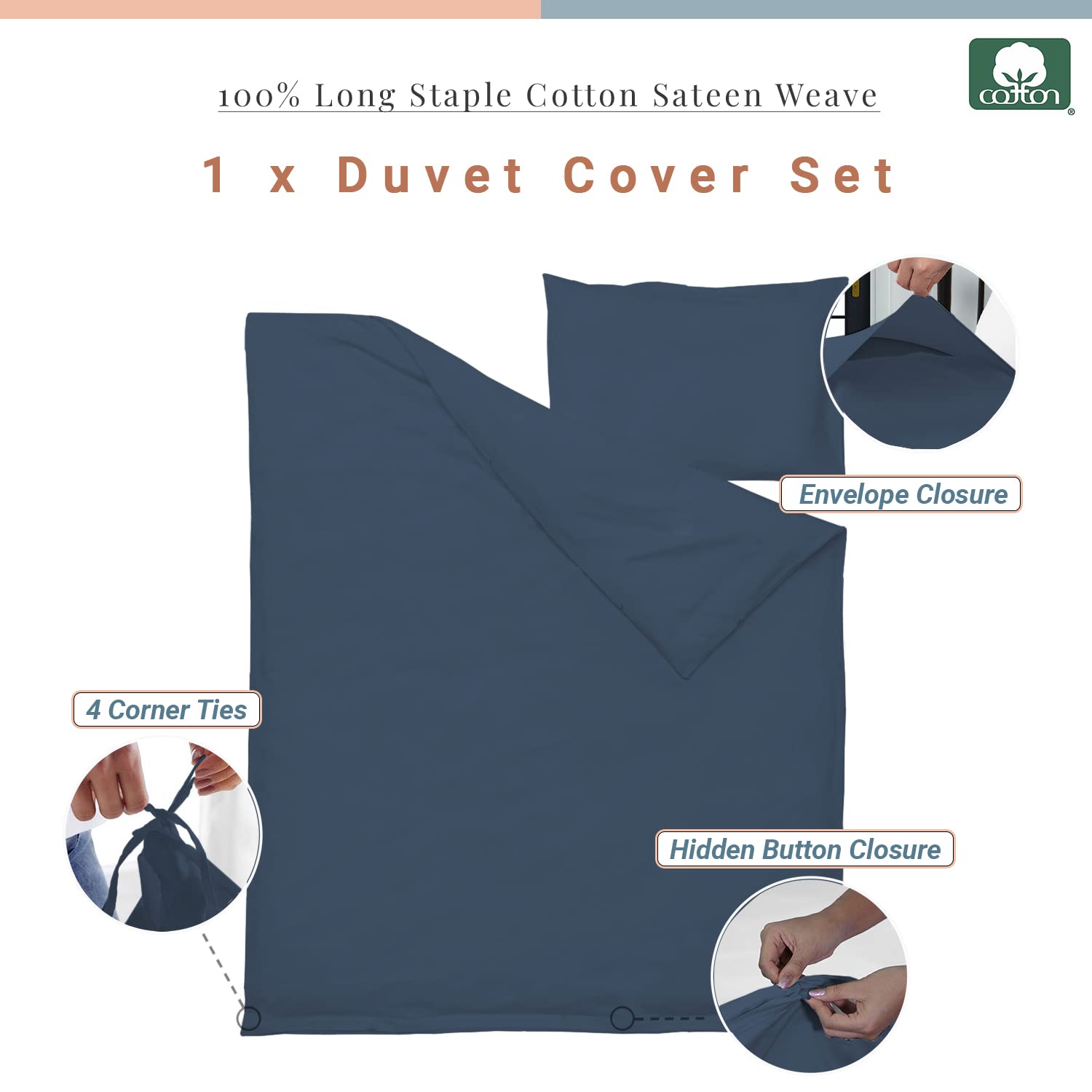 Pizuna 100% Cotton Crib Duvet Cover Dark Blue, 400 Thread Count Long Staple Cotton Duvet Cover 100x135 cm - Image 3