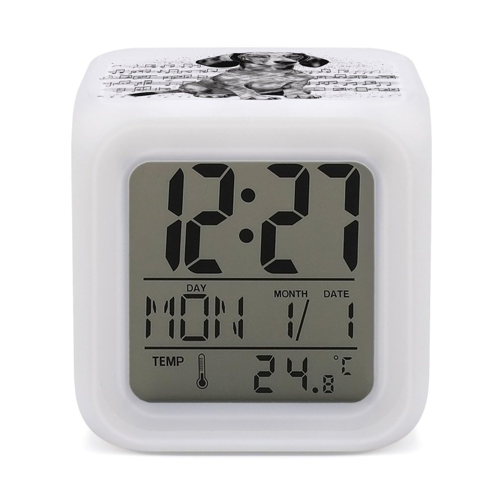 JTREHY 7 Color Changing LED Digital Alarm Clock,Dachshund Music Notes Printed Wake-up Clock with Temperature Display Home Decoration Alarm Clock for Bedroom Office