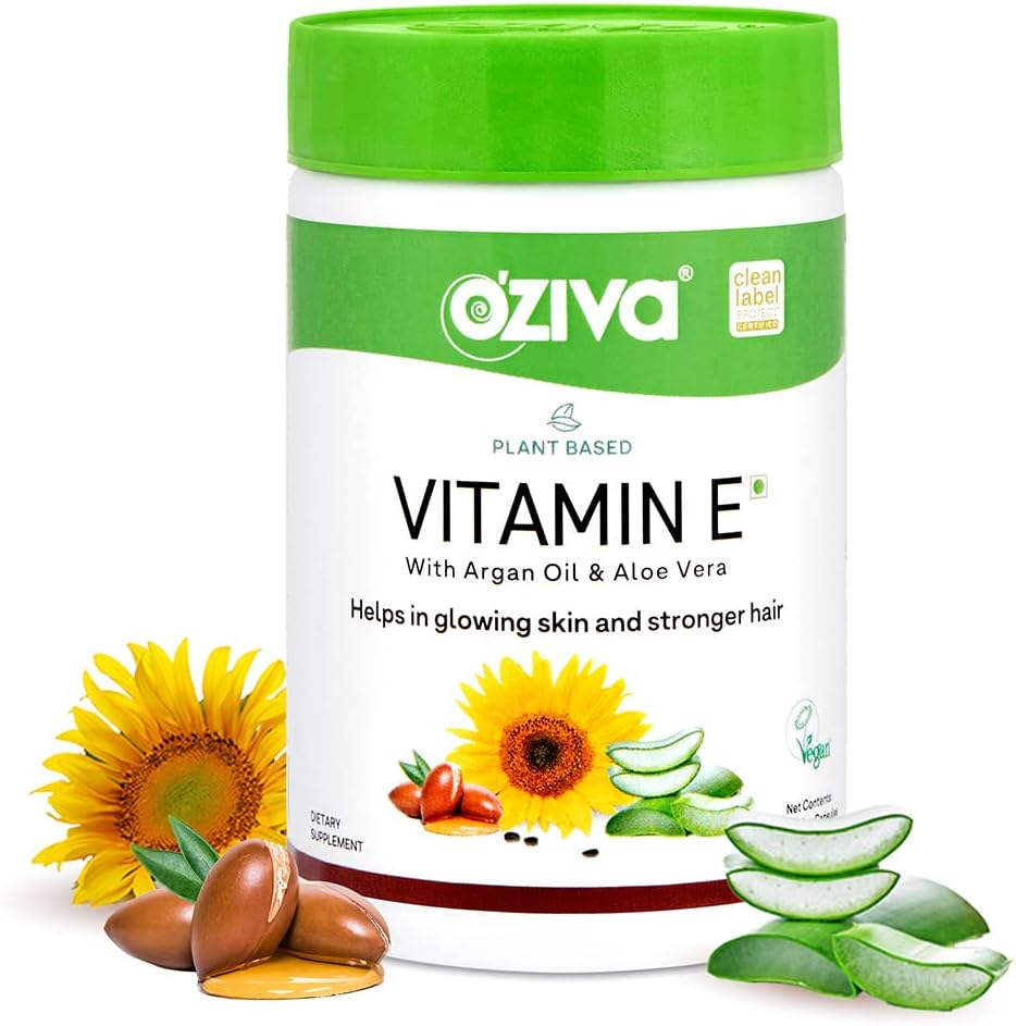 OZiva- Plant Based Vitamin E Vitamin E Capsules For Supporting Glowing Skin & Stronger Hair (With Vitamin E, Sunflower Oil, Argan Oil & Aloe Vera), Certified Clean & Vegan, 30 Capsules