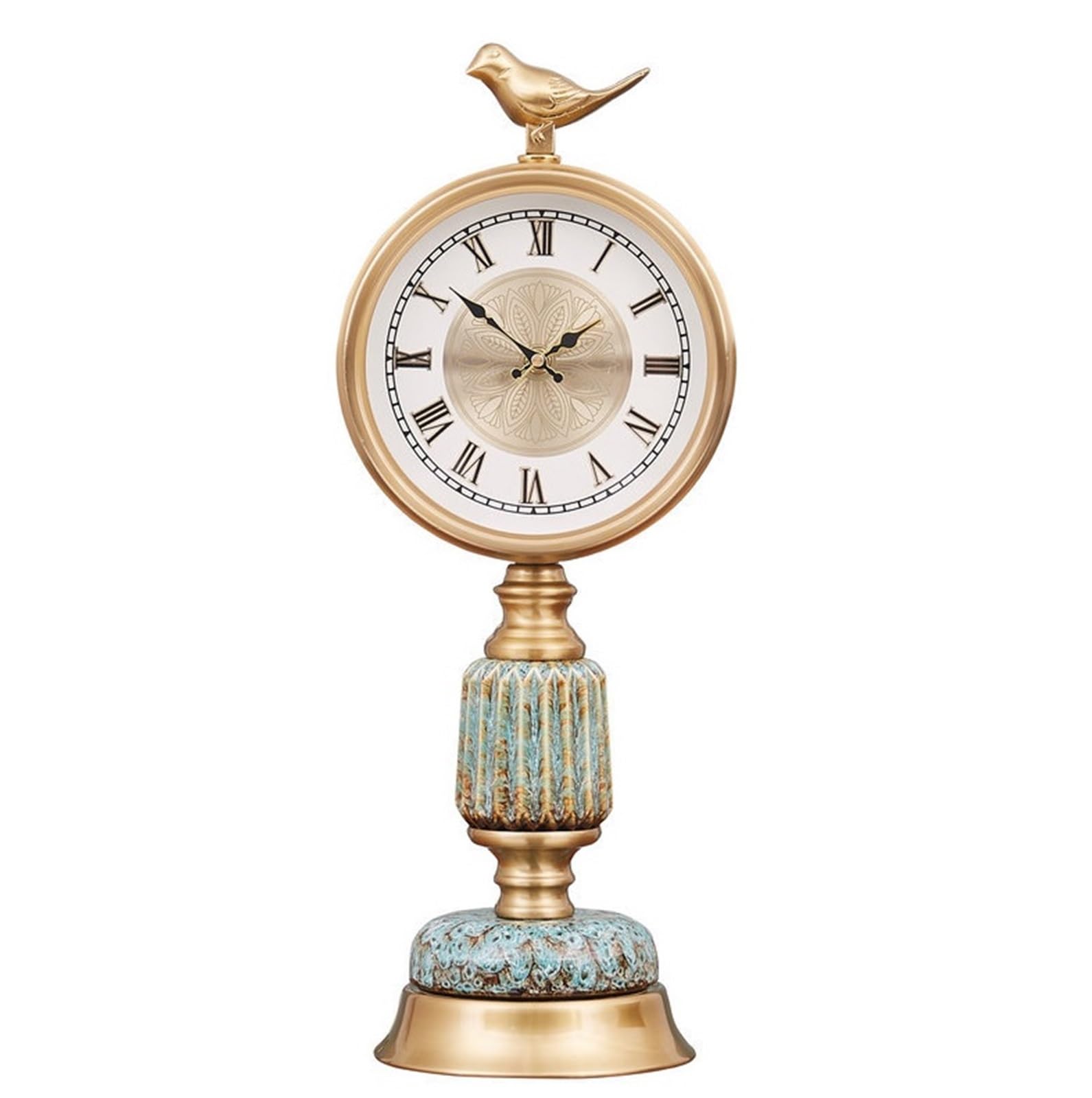 VHdryEDT Vintage Mantel Clock Fireplace Vintage Decorative Table Clock Battery Operated Desk Ceramic Base For Office Home Easy To Read(Gold-Roman,49x19x15.5cm)