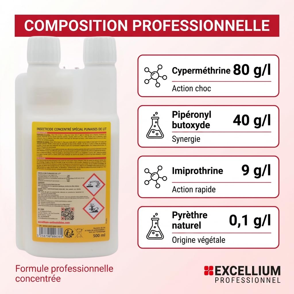 Insecticide Concentré Anti-Punaises de Lit 500ml EXCELLIUM PROFESSIONNEL | Punaises de lit et puces · Concentré à diluer · Grand format 500 ml · Flacon doseur