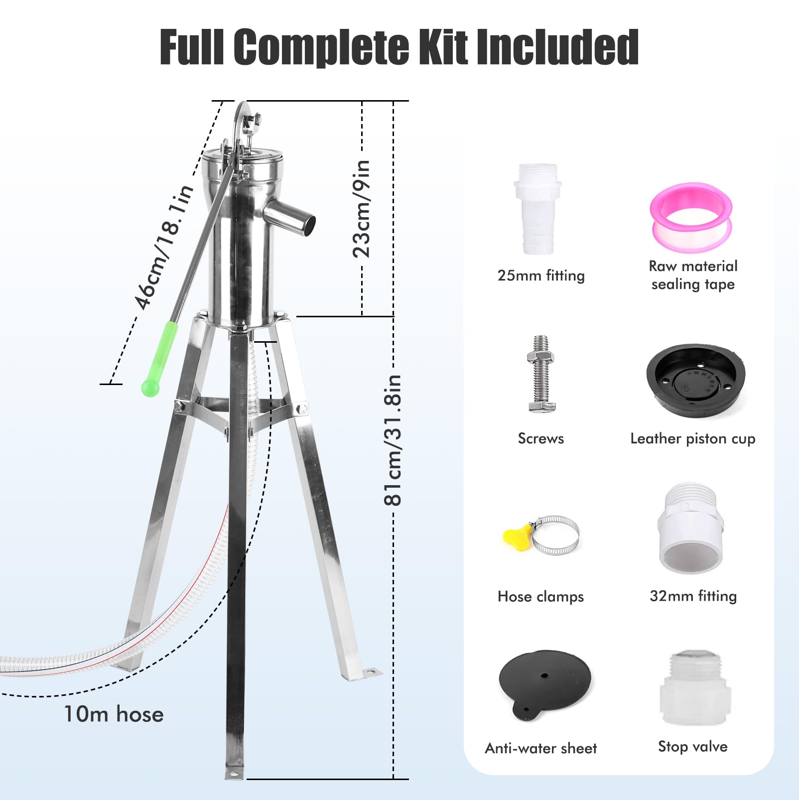 Bomba de agua manual para pozo con manguera 10m y soporte 58cm | Bomba de jardín acero inoxidable Kit completo para agua subterránea agua de lluvia jardín finca uso exterior