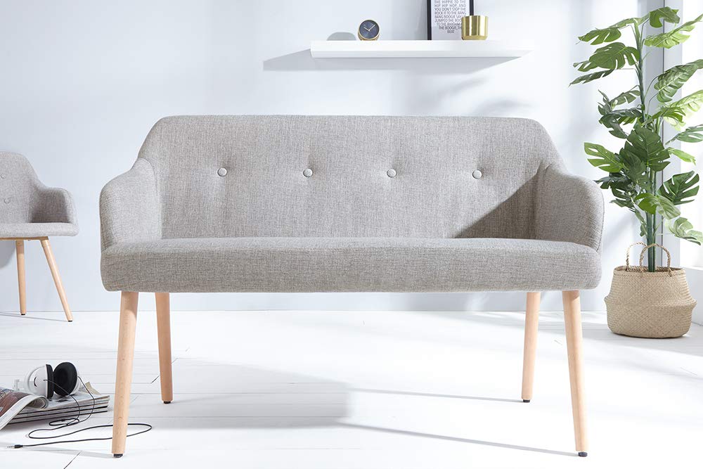 invicta INTERIOR Design Sitzbank Scandinavia hellgrau mit Armlehne Bank Buche Gestell im Retro Trend