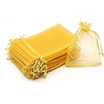 Bezall 50Pcs Golden Organza Bags 3x4 Inch, Small Mesh Bags Drawstring Jewelry Gift Bags, Wedding Party Favor Candy Pouches