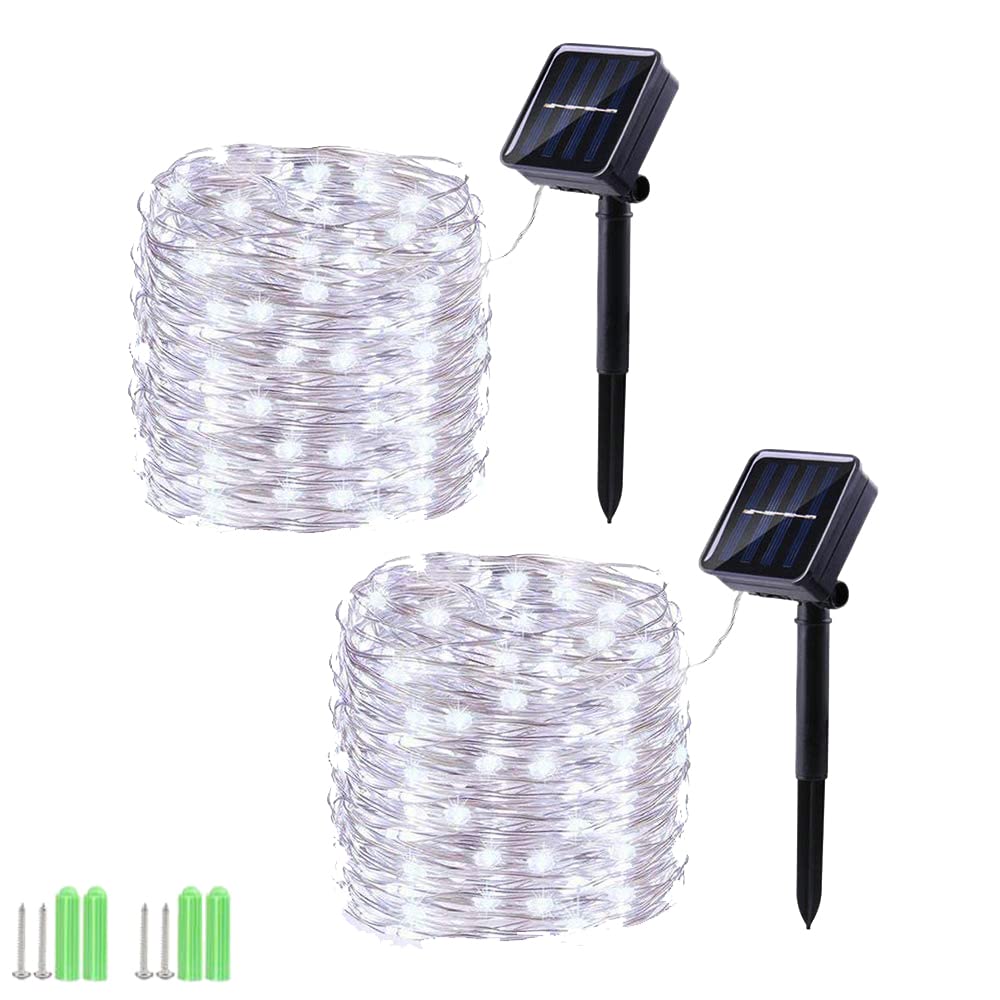 Solar String Lights, 2 Pack Total 110Ft 300 LED Solar Fairy Lights, 8 Modes Waterproof Copper Wire Solar Powered Outdoor Lights for Patio Tree Garden Yard Weeding Party Outdoor Decorations (White)