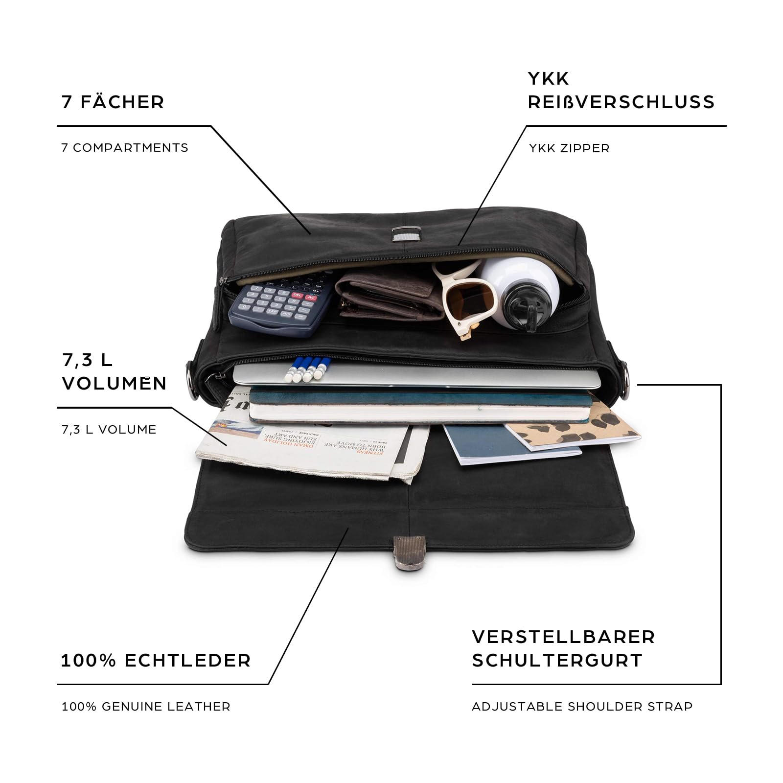 LEABAGS Bolso para Hombres y Mujeres | Bolsa de Portátil de Cuero Genuino 15 Pulgadas | Bolso Bandolera con Correa | Bolso de Hombro | Bolsa Mensajera | Bolsa de Trabajo