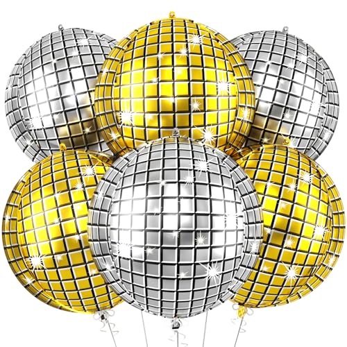 Image of 6pcs 22 Inch Gold Silver Disco Ball Balloons, Silver and Gold Big Disco Balloons, 4d Large Foil Aluminum Balloon For Birthday Baby Shower 70s 80s 90s Theme Party Wedding Engagement Graduation Decor