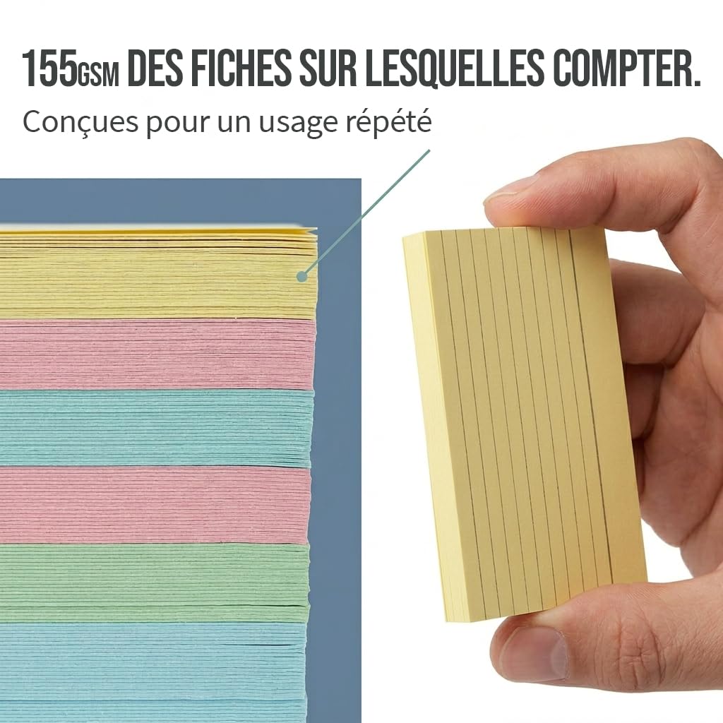 The Paper Shop Fiches de Révision A7 Couleur Lignées - Fiches Bristol Flash Cards (1000 Fiches) | Cartes Mémoire pour École & Révisions | Index Cards Flashcards 12,7 x 7,6 cm - 1000 Fiches