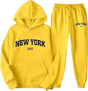 2025 - Conjunto de sudadera con capucha y pantalones de chándal con estampado de letras para parejas, unisex, tema de Nueva York, ropa casual, chándal cómodo y elegante con capucha, camiseta