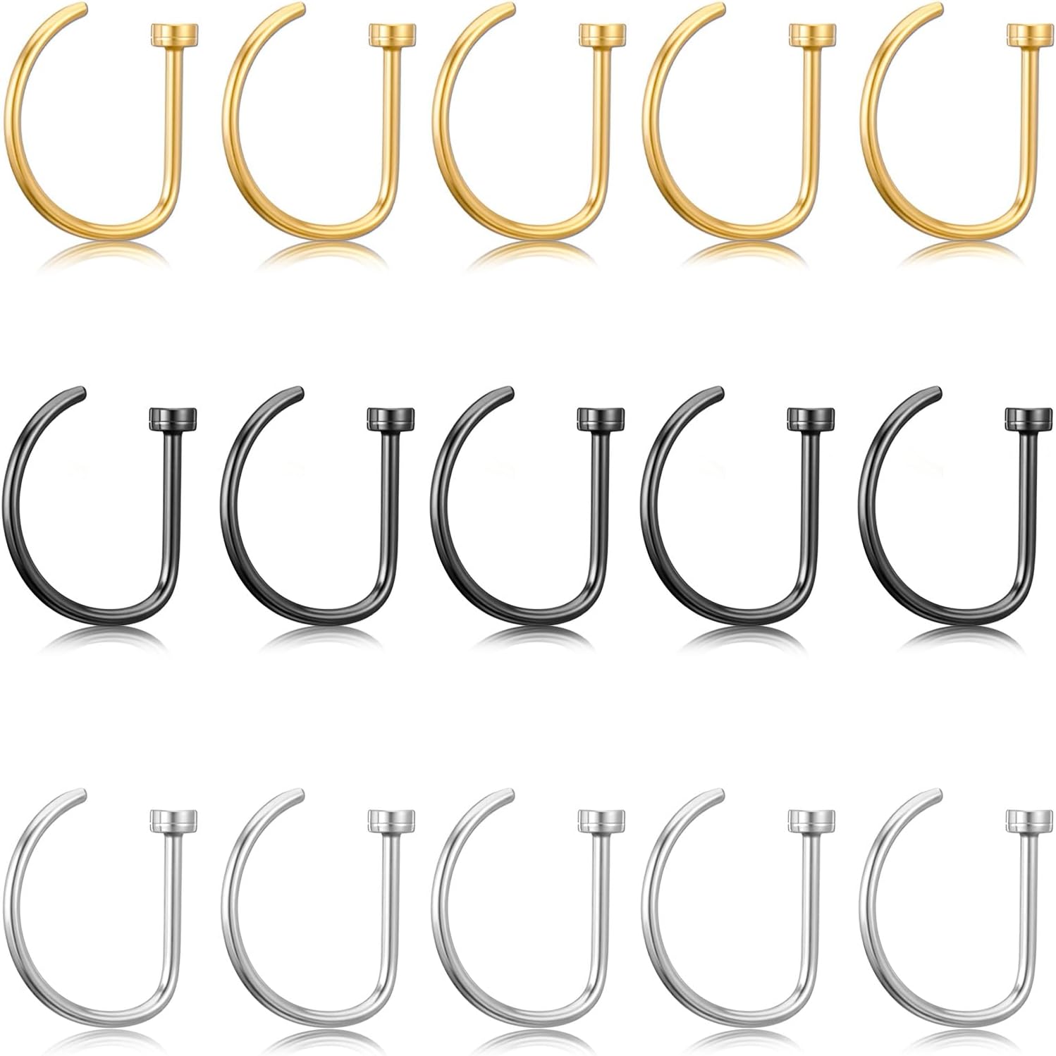 Skrfren 15 PCS Nose Rings Hoop 20g 8mm, D Shaped Fake Nose Ring Hoops Set Stainless Steel Noses Piercing Jewelry Faux NoseRings NoseHoops, Fake Lip Hoop Rings Septum Ring for Women, Silver Gold Black
