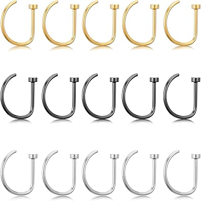 Skrfren 15 PCS Nose Rings Hoop 20g 8mm, D Shaped Fake Nose Ring Hoops Set Stainless Steel Noses Piercing Jewelry Faux NoseRings NoseHoops, Fake Lip Hoop Rings Septum Ring for Women, Silver Gold Black