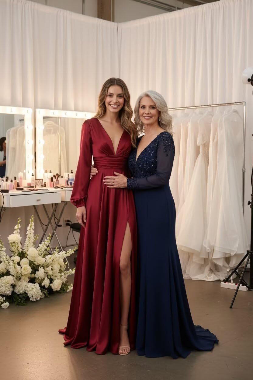 Long Sleeve Satin Bridesmaid Dresses A Line Split Pleated Prom Dress Formal Evening Dress with Pockets BD020