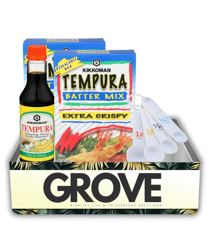 Kikkoman Tempura Dipping Sauce 10 oz + 2x Tempura Batter Mix 10 oz Bundle with Measuring Spoon – Easy Prep for Crispy Tempuras & Savory Dipping – Gift Set (4 Items)