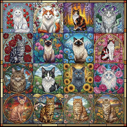Katzen Puzzle 1000 Teile Erwachsene Tiere Katze Bunte Blumen Katze 1000 Puzzle Erwachsene 1000 Teile Buntglas Katzenpuzzle Klassische Puzzles als Geschenk und Decor (60 x 60 cm)