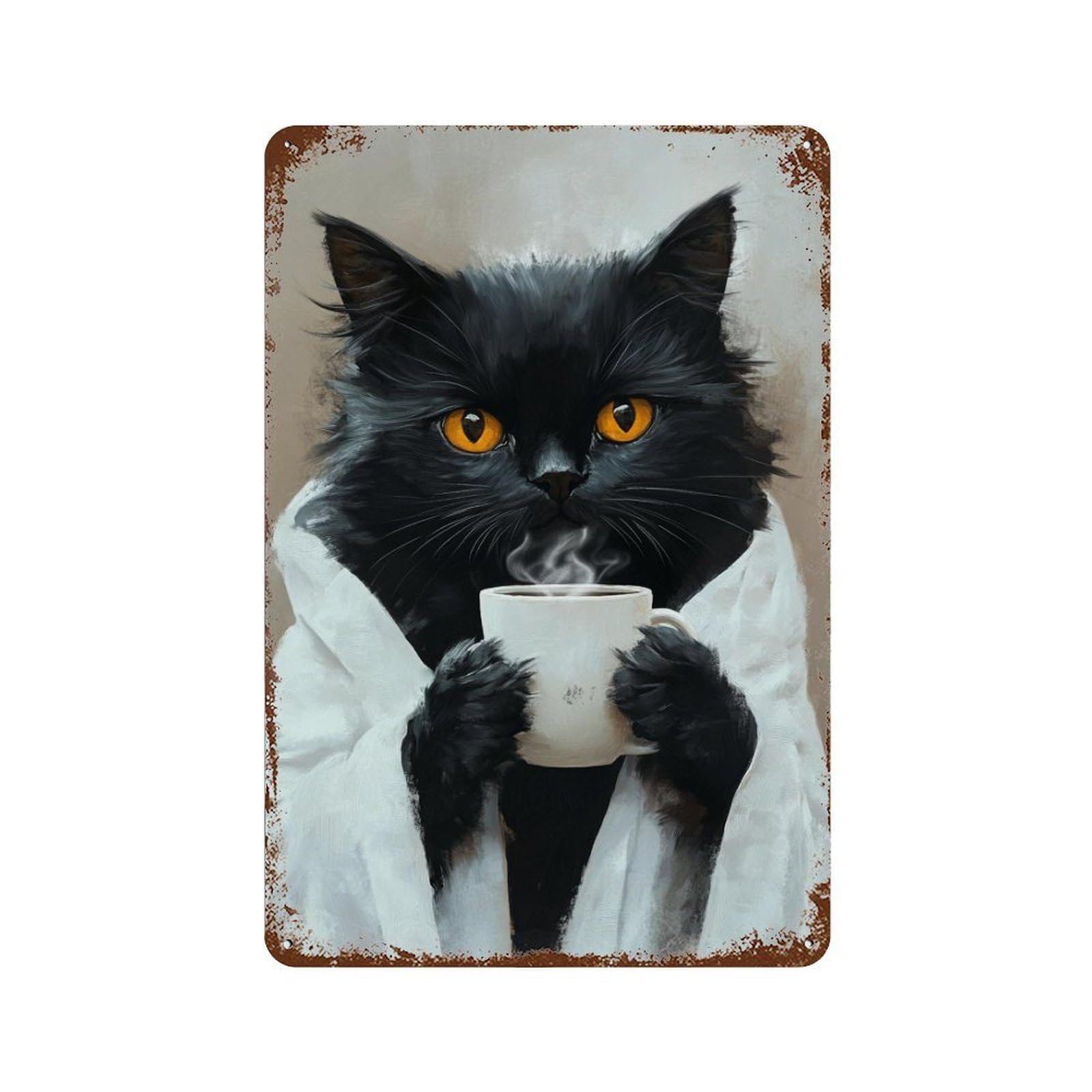 Cozy Cat with Coffee Mug -4 Rust Effect Tin Sign 11.8"x7.9", Farmhouse Wall Decor for Living Room, Hallway And Home Decor