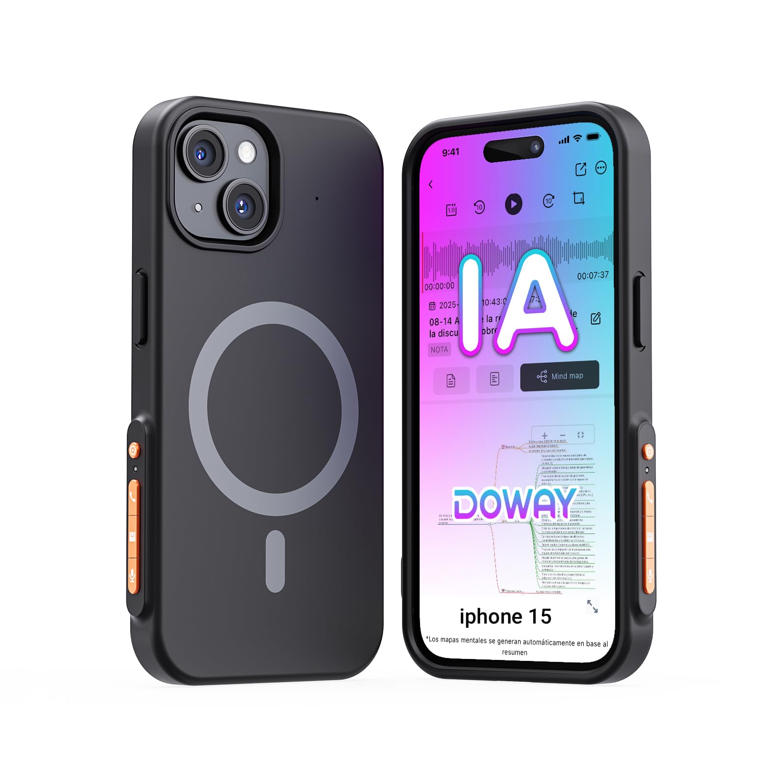 Grabadora de Voz AI con Funda para Teléfono, Transcripción y Resumen Mediante IA, Control de la App, 32GB, Soporta 80+ Idiomas para Reuniones, Conferencias y Llamadas, Compatible con iPhone 15