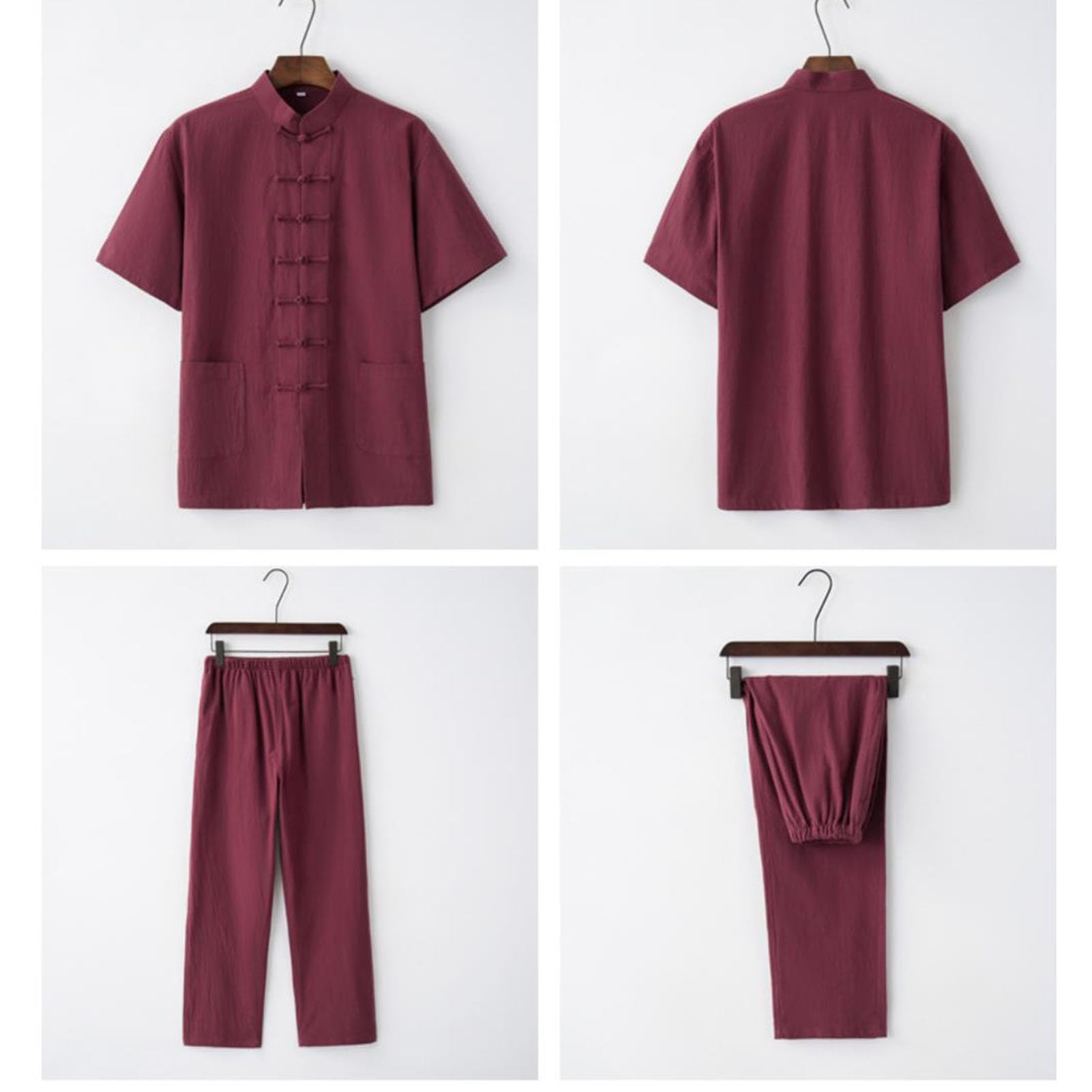 Vnook Männer Tang Anzug Tai Chi Uniform Chinesische Traditionelle Kleidung Tai Chi Uniform Anzug Jacke Kung Fu Kleidung Kurzarm Hemd Mantel Tops Hosen Kampfsport Anzug(Red,XXXX-Large)