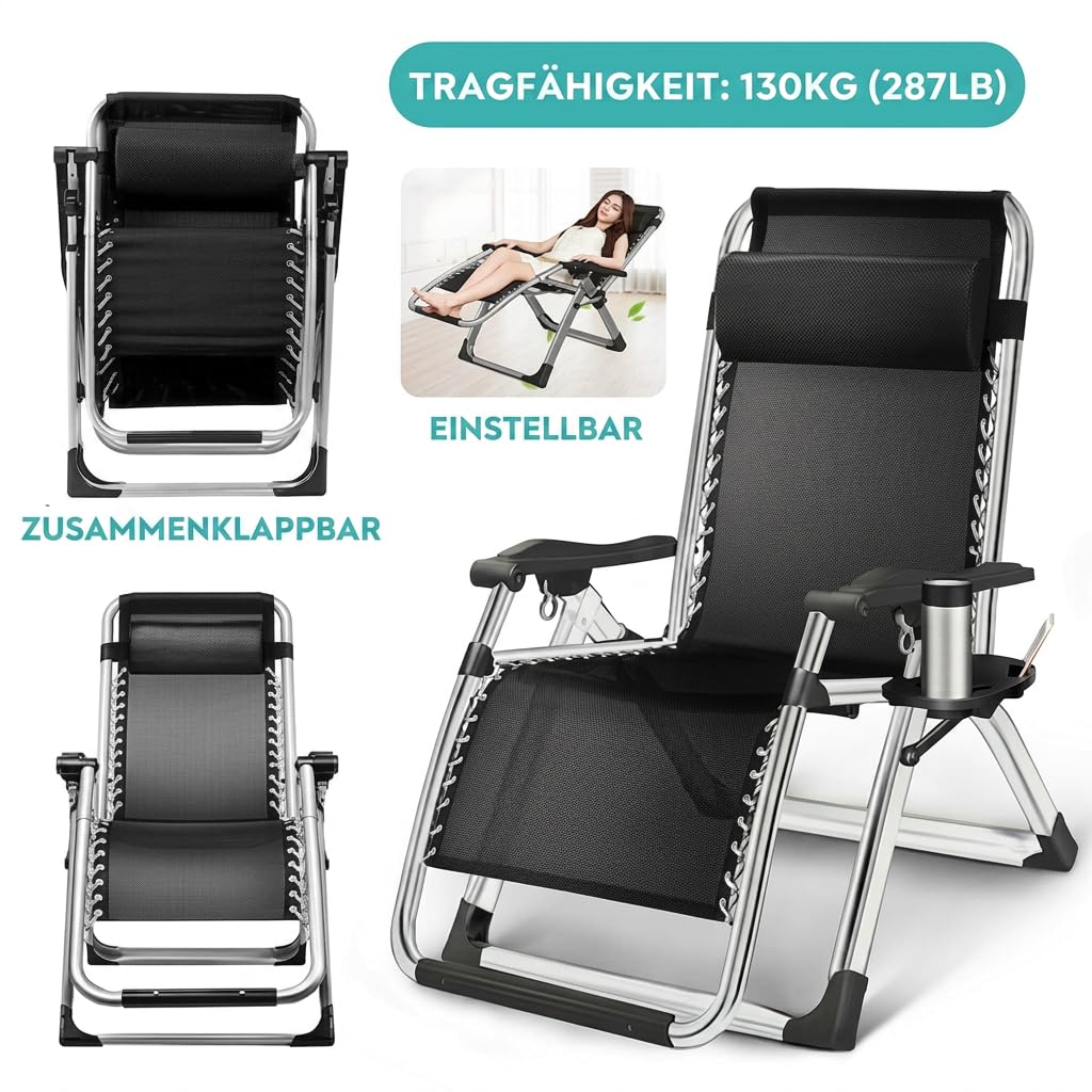 Zero Gravity Liegestuhl, Sonnenliege Klappbar mit Klapptaschen, Outdoor Sessel für Balkon oder Garten für Patio-Pool-Camping-Strand, Gartenliege Mit Tassenhalter & Kissen (Schwarz 1 Stück)