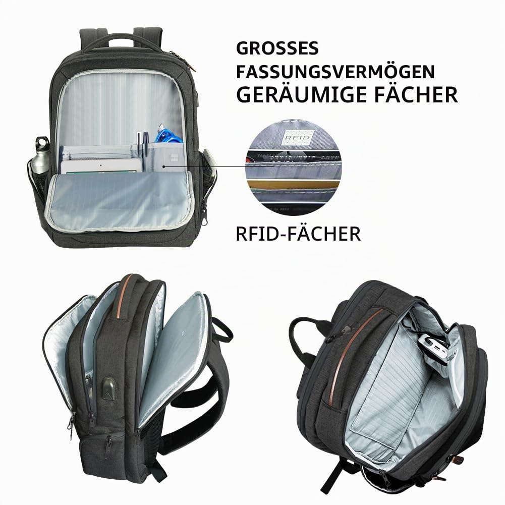 KROSER Laptop Rucksack 17,3 Zoll Handgepäck Daypack wasserabweisende Multifunktions-Laptoptasche für Business/Reisen/Damen/Herren-schwarz