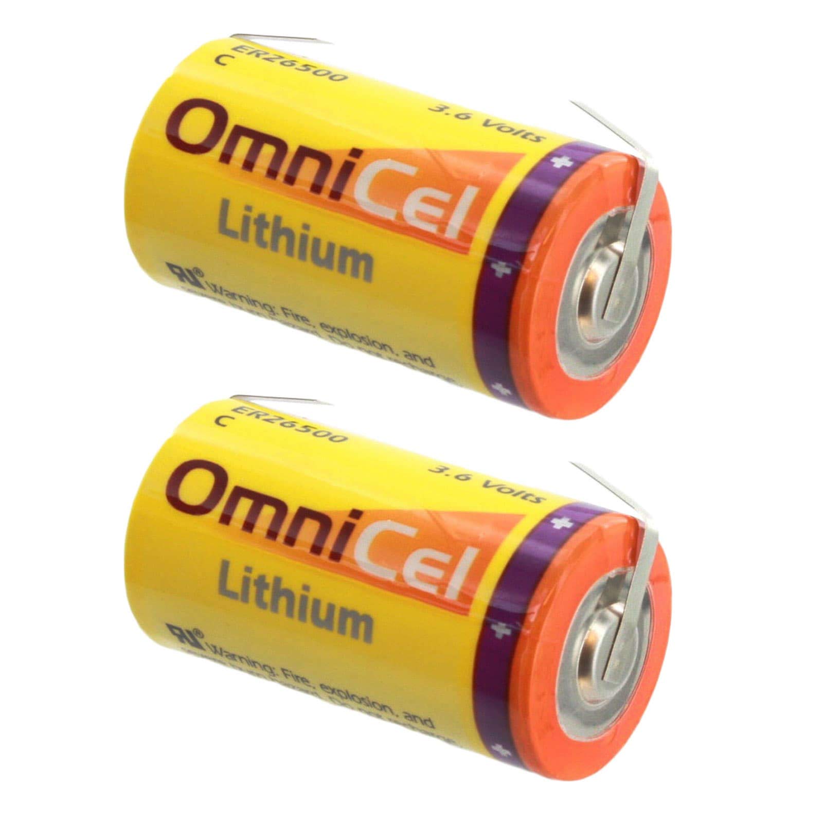 2x OmniCel ER26500 3.6V 8.5Ah Size C Lithium Battery w/ Tabs For Tracking Buoys, Location GPS, GSM, ARGOS, Emergency Lighting, Computer RAM, AMR