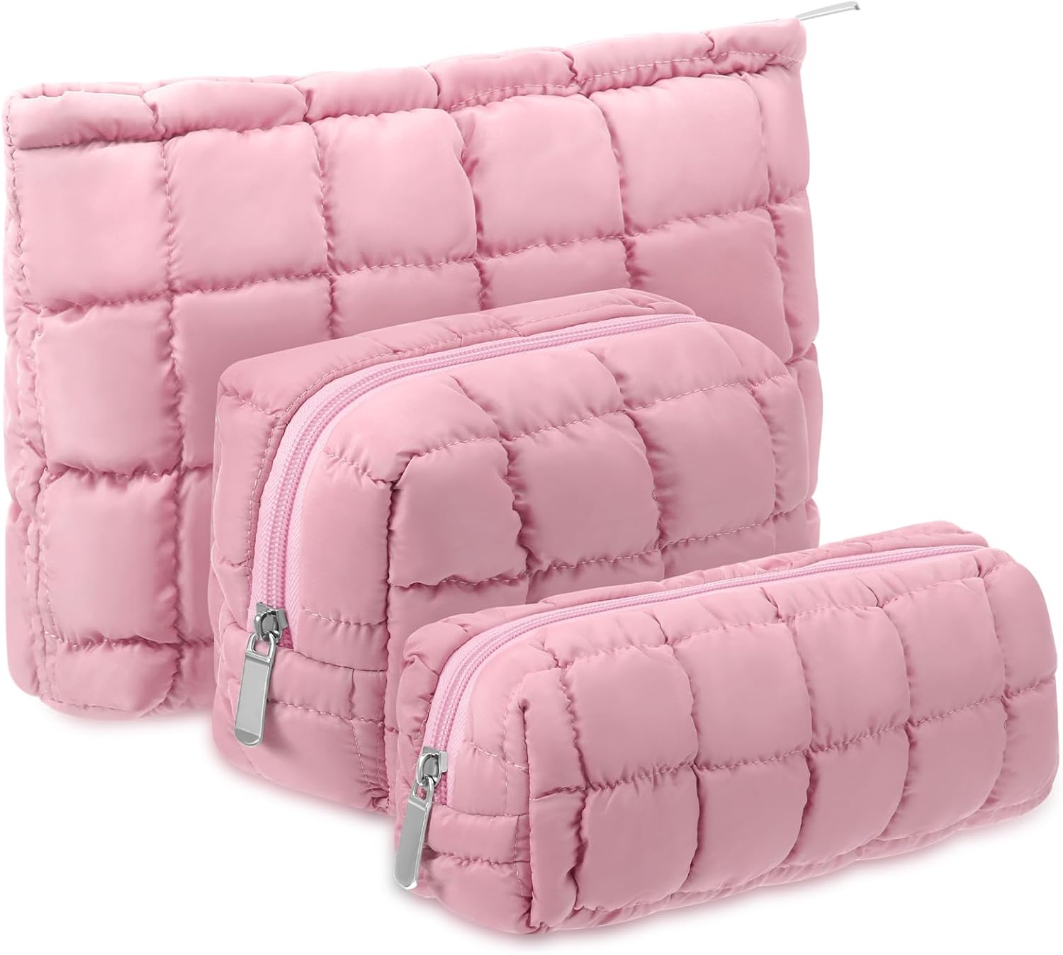 3 Pcs Puffy Makeup Bag Quilted Cosmetic Pouch for Women Cute Checkered Travel Toiletry Bag Puffer Makeup Organizer Purse Pouch Preppy Pencil Case with Zipper