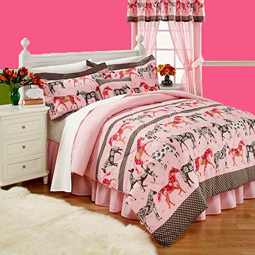 Girls Pink & Brown Western Flower Pony Horse Parade Comforter & Sheet Set (180 TC) (Full Size (76" x 86")