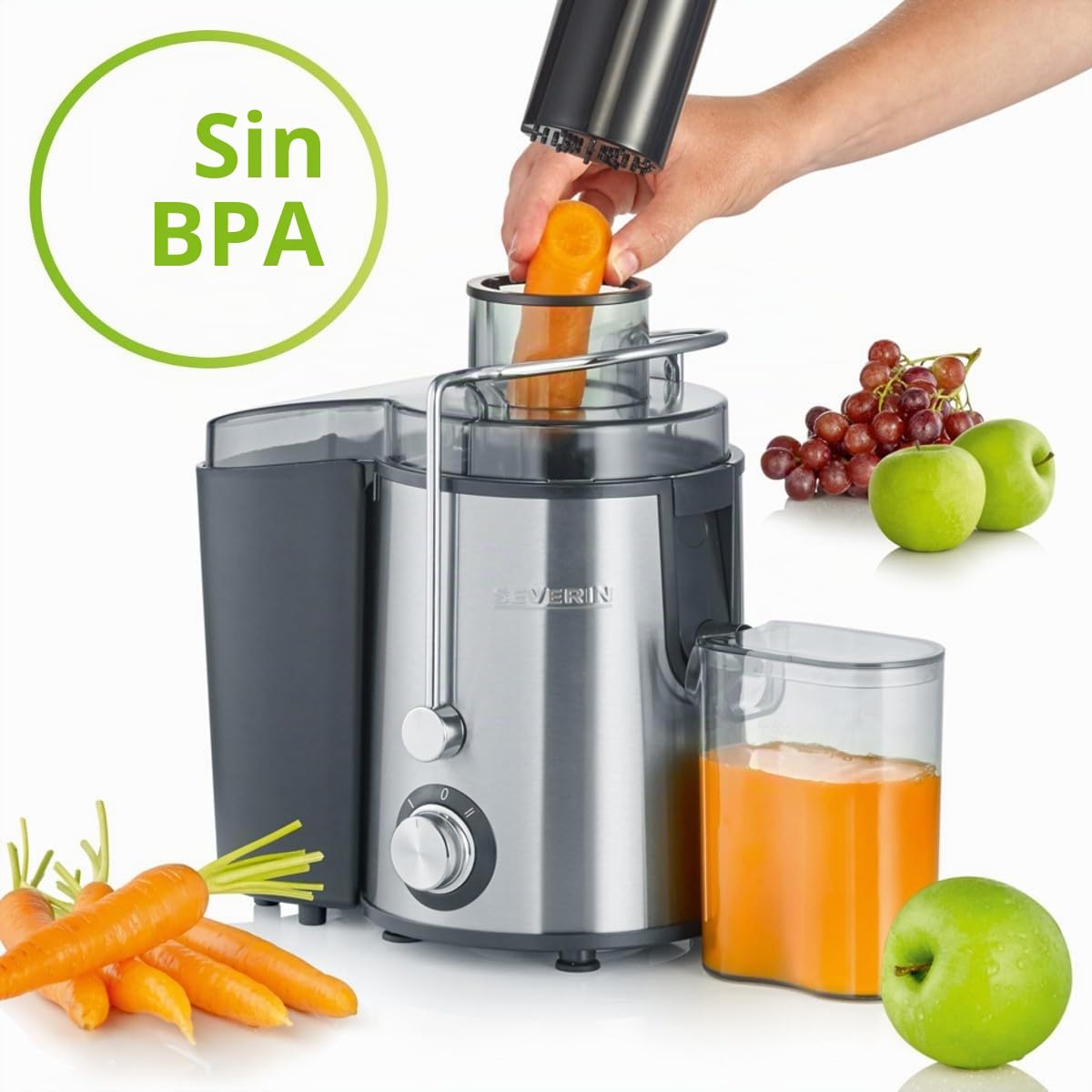 SEVERIN Licuadora para verduras y frutas ricas en vitaminas, extractor de zumo silencioso, licuadora eléctrica de acero con recipiente recolector de 500 ml, plateado/negro, ES 3566