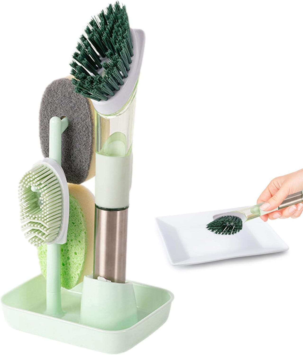 Soap Dispensing Dish Brush Set Kitchen Scrub Brush with 4