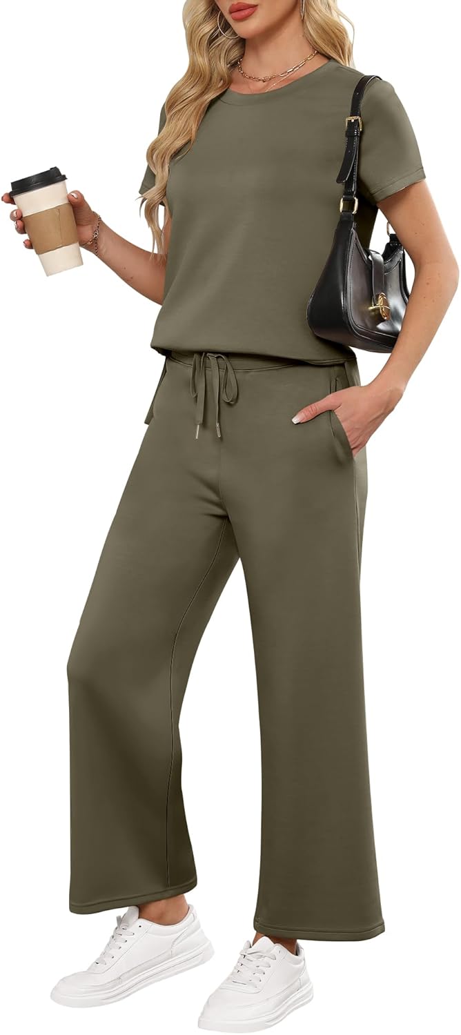 ANRABESS Women 2 Piece Lounge Sets Summer Travel Sweat Outfits Short Sleeve Wide Leg Casual Matching Tracksuits Clothes