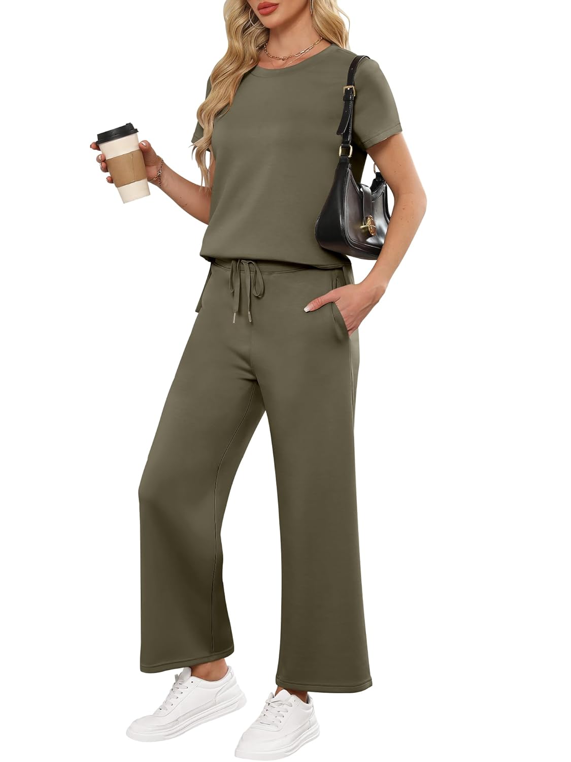 ANRABESS Women 2 Piece Lounge Sets Summer Travel Sweat Outfits Short Sleeve Wide Leg Casual Matching Tracksuits Clothes
