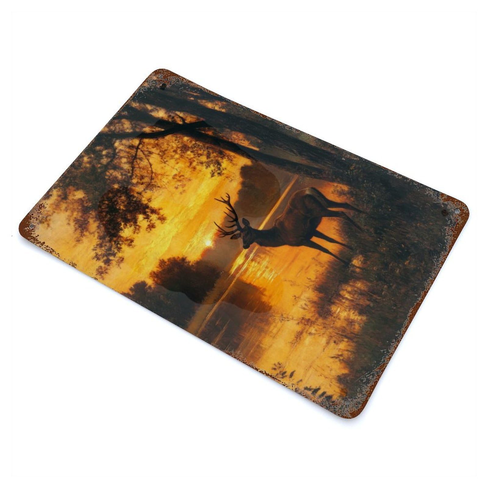 Distressed Metal Wall Sign with Sunset Deer Design 11.8"x7.9", for Living Room, Hallway And Home Decor, Vintage Wall Decor