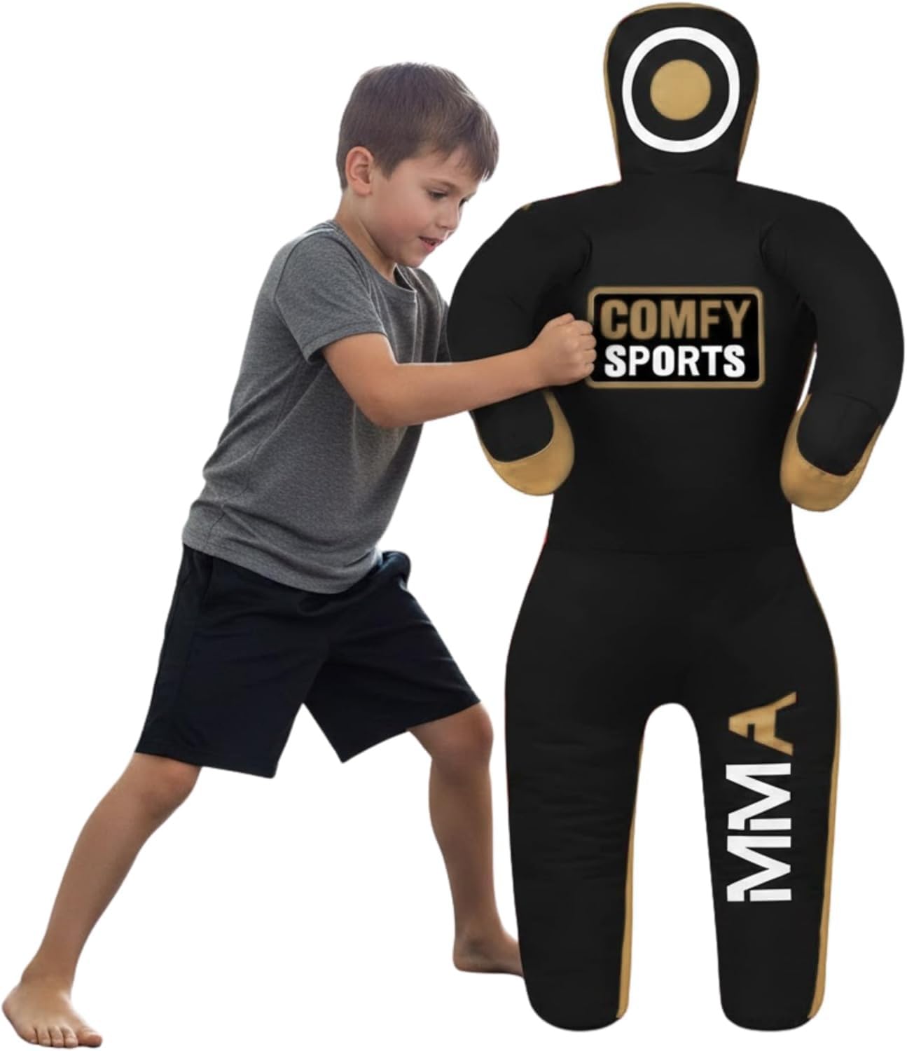 Comfy MMA Grappling Kids Dummy, for Judo, Wrestling, Brazilian Jiu Jitsu, Submission and Throwing Standing Position Martial Arts Boxing Karate Training Dummy (47" / 4 Feet) (Black/Gold)