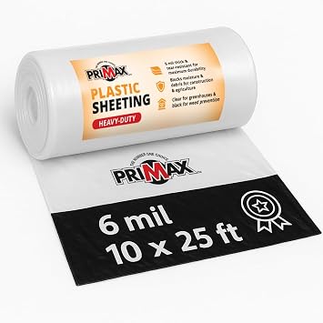 PRIMAX 6 mil Plastic Sheeting 10x25 Waterproof, UV Resistant, Heavy Duty Thick Plastic Sheeting Roll for Greenhouse, Farm, Agriculture, Gardening, Construction, Vapor Barrier Covering, Opaque