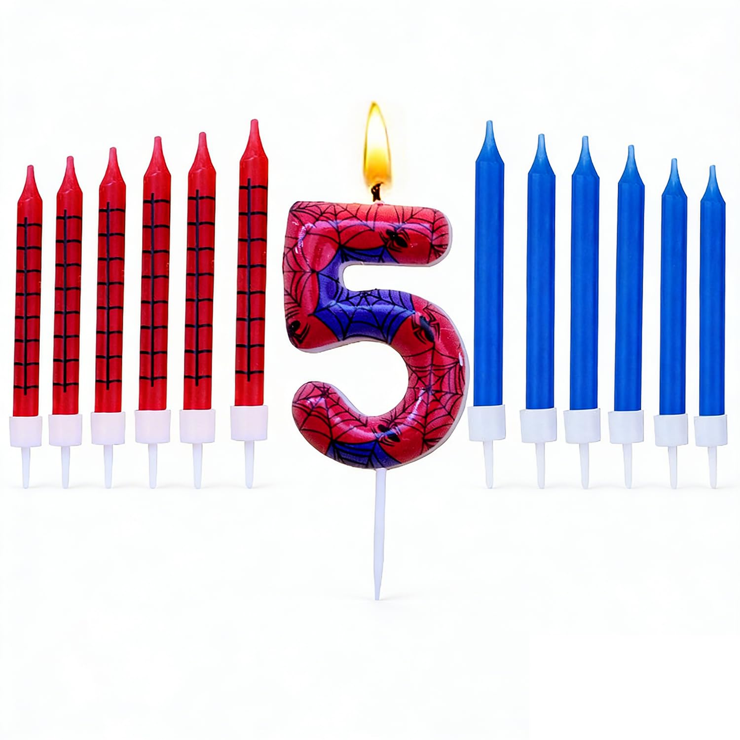 Candles Cake 13pcs Spider Decorations Set, Happy 5th Birthday Candle, Blue Red with Spider Web Number 5 Candles Cake Toppers for Cake, for Boys Girls 5th Birthday Decorations