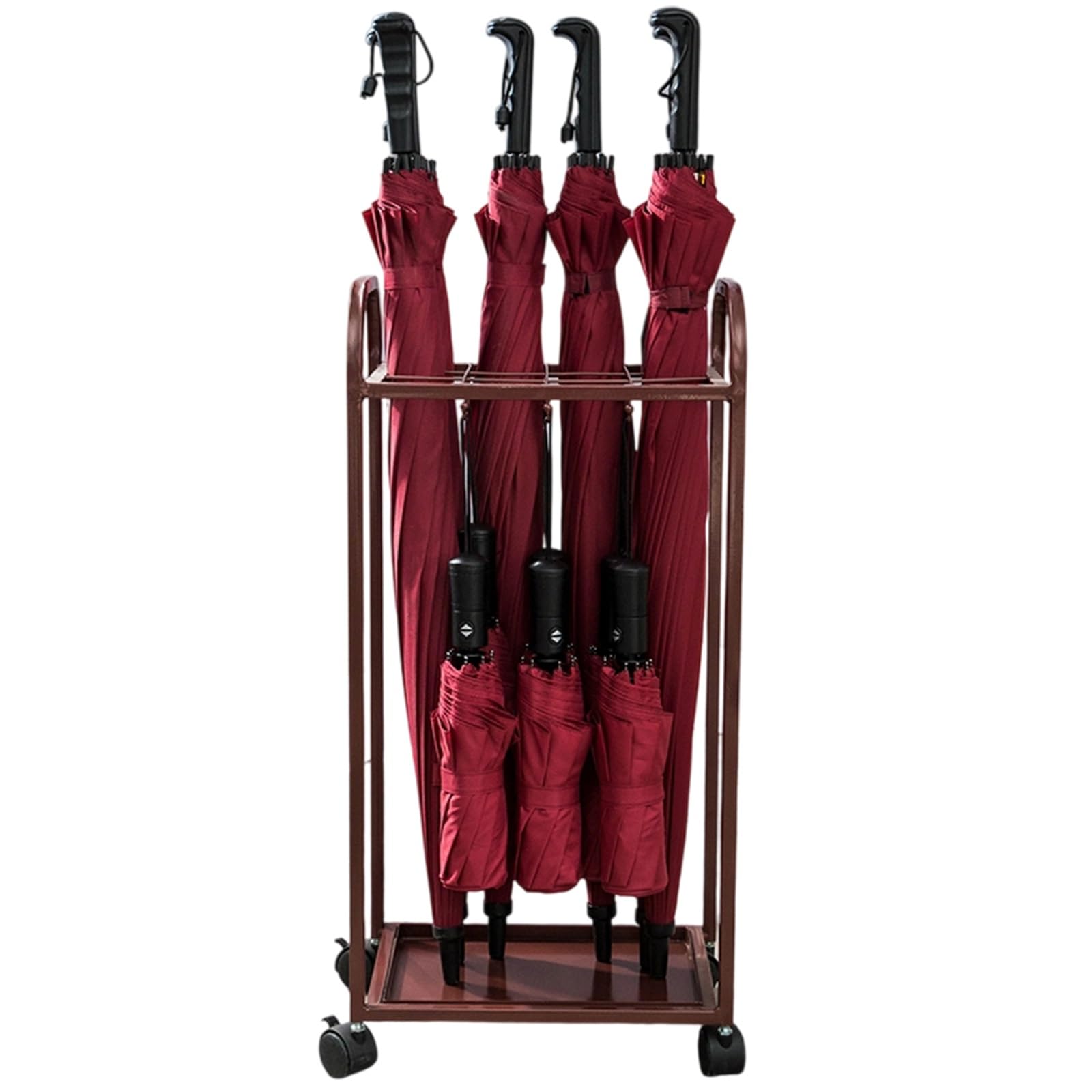 CWCQGH Portable Umbrella Holder Rack with 12 Holes & 6 Hooks Modern Metal Design Locking Wheels & Removable Drip Tray for Hotels & Apartments Entryway nizer,Brown-36 * 25 * 68cm/14 * 9 * 26in