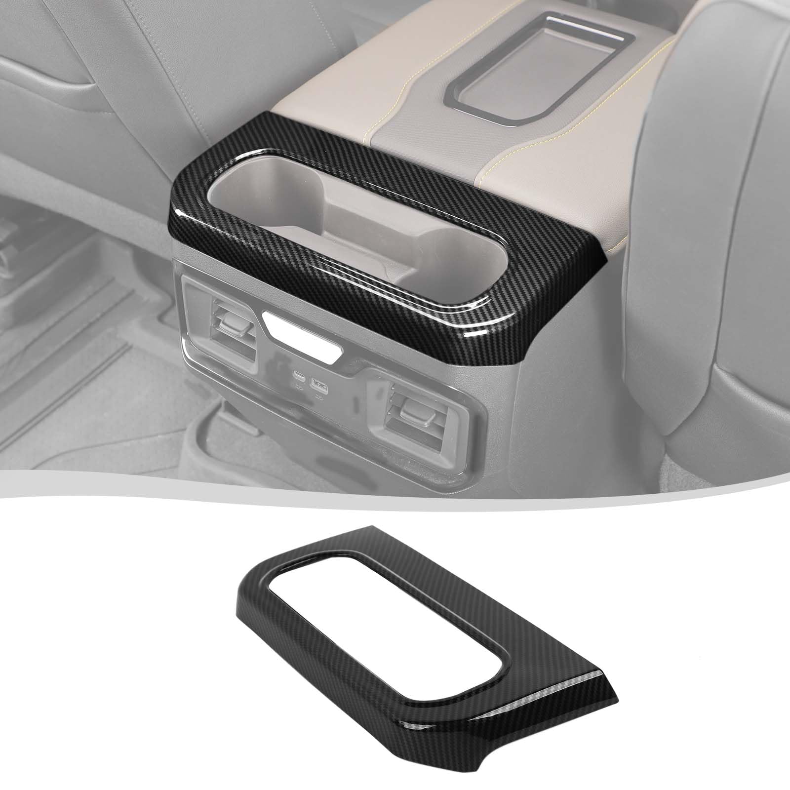 Photo 1 of Voodonala for Chevy Silverado 2022+ Center Arm Box Rear WaterCup Panel Cover Compatible with Chevrolet Silverado 2022+ & GMC Sierra 2022+(1pc,ABS,Carbon Fiber Black)