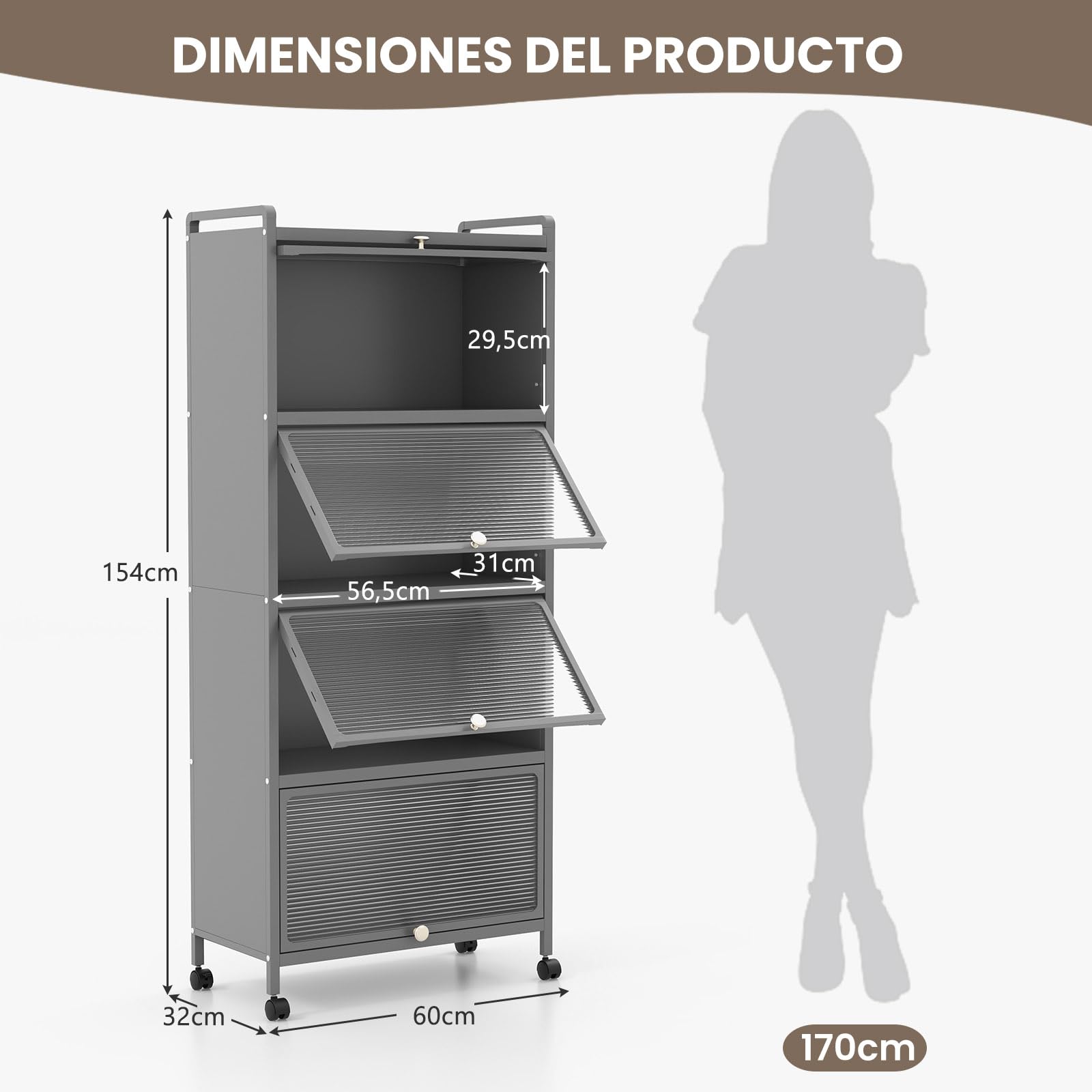 COSTWAY Estantería de Cocina de 5 Niveles, Estantería de Almacenamiento con 4 Puertas de PC y 4 Ruedas Giratorias, Armario de Cocina con Kit Antivuelco para Cocina, Entrada, y Saló, Gris