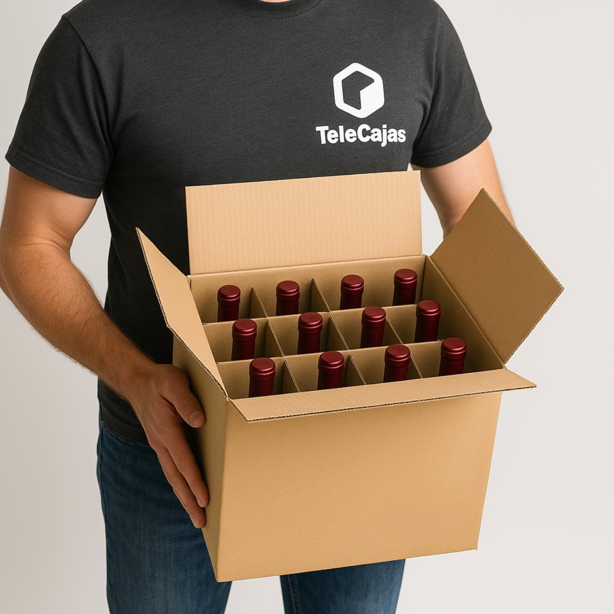 TELECAJAS | Pack de 10 Cajas para 12 Botellas de Vino con Separadores de Cartón Tipo Rejilla | Embalaje Seguro y Resistente para Envíos o Almacenaje