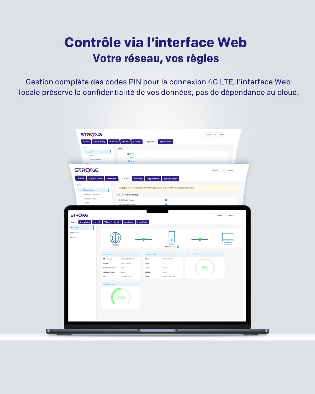 STRONG Routeur 5G CPE WiFi 6 AX3000 avec Carte SIM - 2.5GE WAN/LAN & 1GE LAN - RJ11 VoIP/VoNR - Chipset Qualcomm