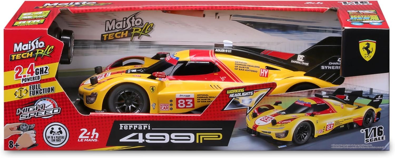 Bburago - Ferrari 499P LMH #83 Le Mans 2024-1/16 - Vehículo controlado por radio 2,4 GHz - Coche RC recargable - Velocidad 13,7 km/h - Modelo reducido realista de carrera, juguete infantil y colección