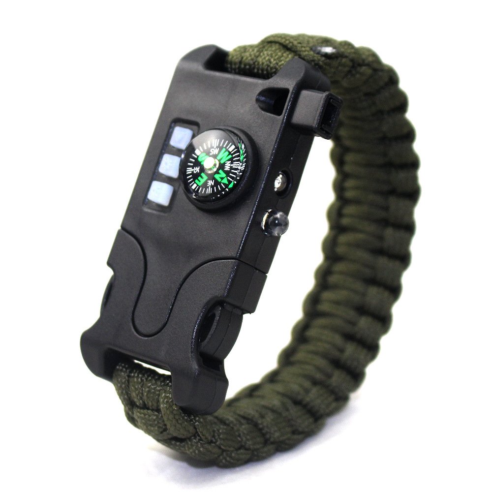 VISUAL KEI Paracord Bracelet Survival Rechargeable Survival Wirst with LED Flashlight,Compass,Emergency Loud Whistle,Laser Infrared Bracelet for Hiking, Camping, Fishing,Climbing (Green)