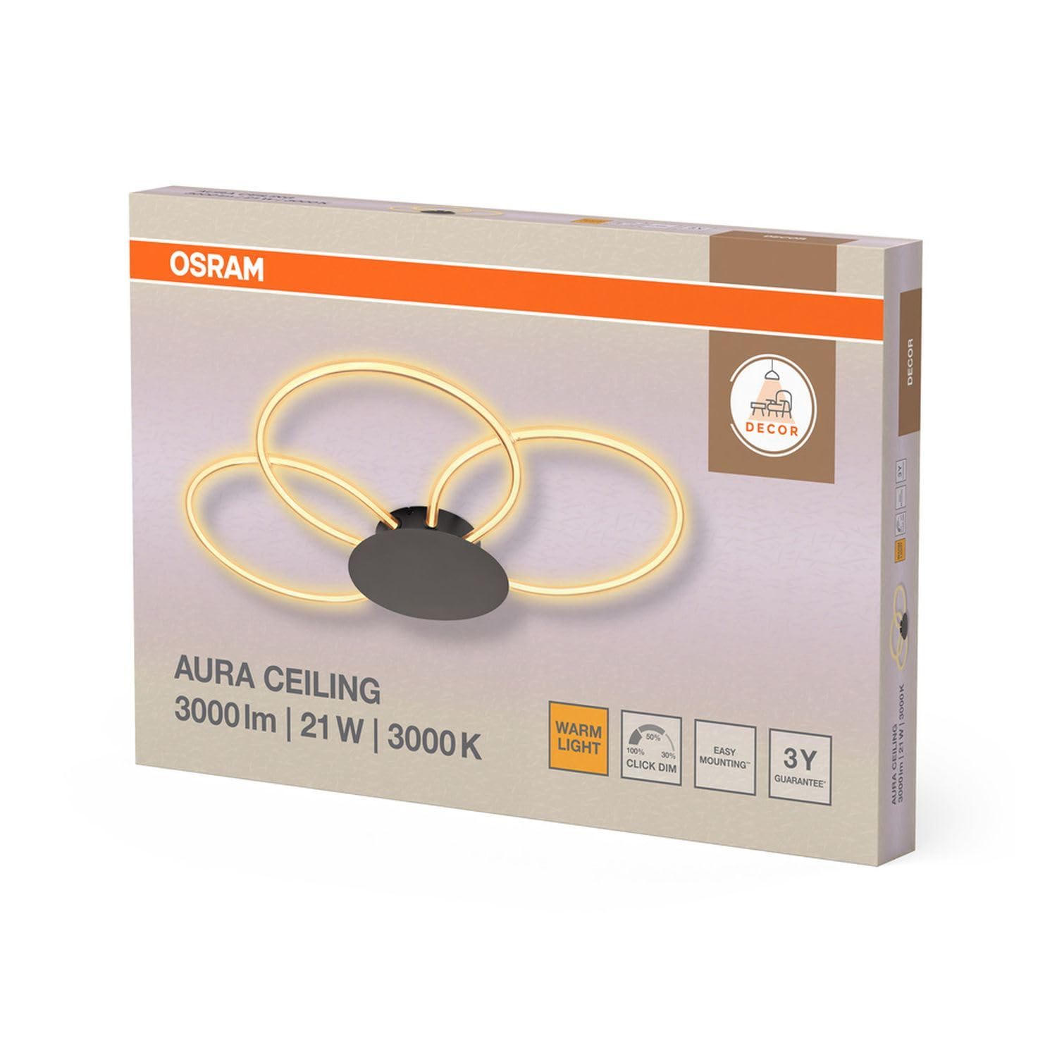 Osram Decor Aura Lampada da soffitto in policarbonato curvo con LED e design a filamento, 21 W, 2200 lm, 3000 K, 830 bianco caldo, dimmerabile, grigio scuro, plastica (PC), IP20