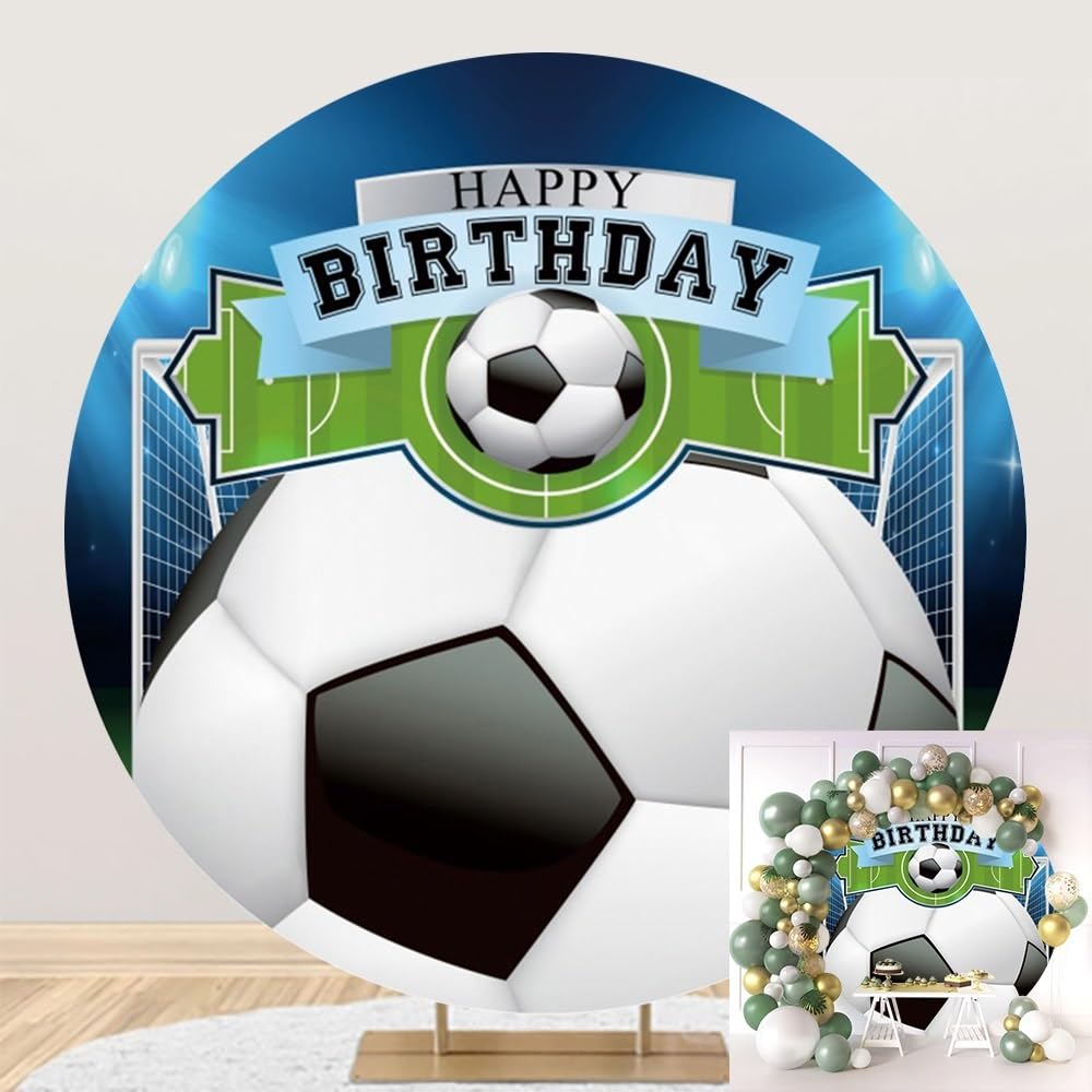 Leyiyi 6x6ft Happy Birthday Round Backdrop Cover - Sports Themed Soccer Field Stand Cover for Boys Birthday Baby Shower Party Decor Football Fan