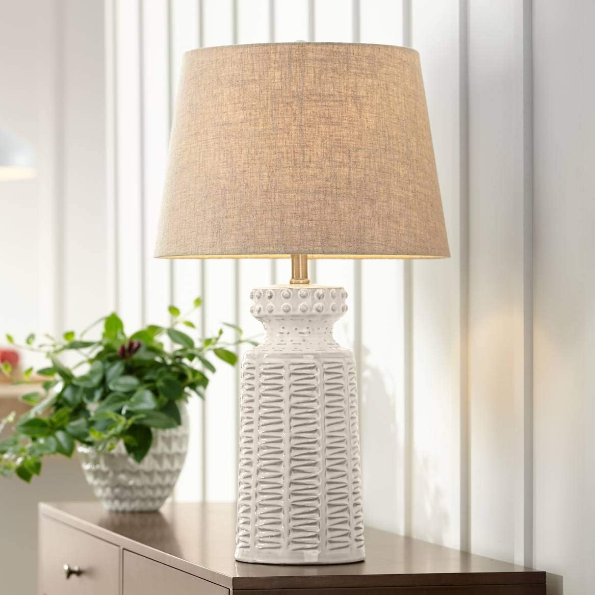 Set of 2 White Ceramic Table Lamps with Beige Fabric Shades